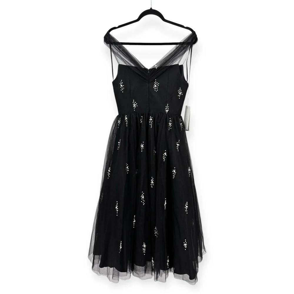 Mac Duggal Off The Shoulder Black Pearl‎ Embellished Tulle Cocktail Dress Size 2